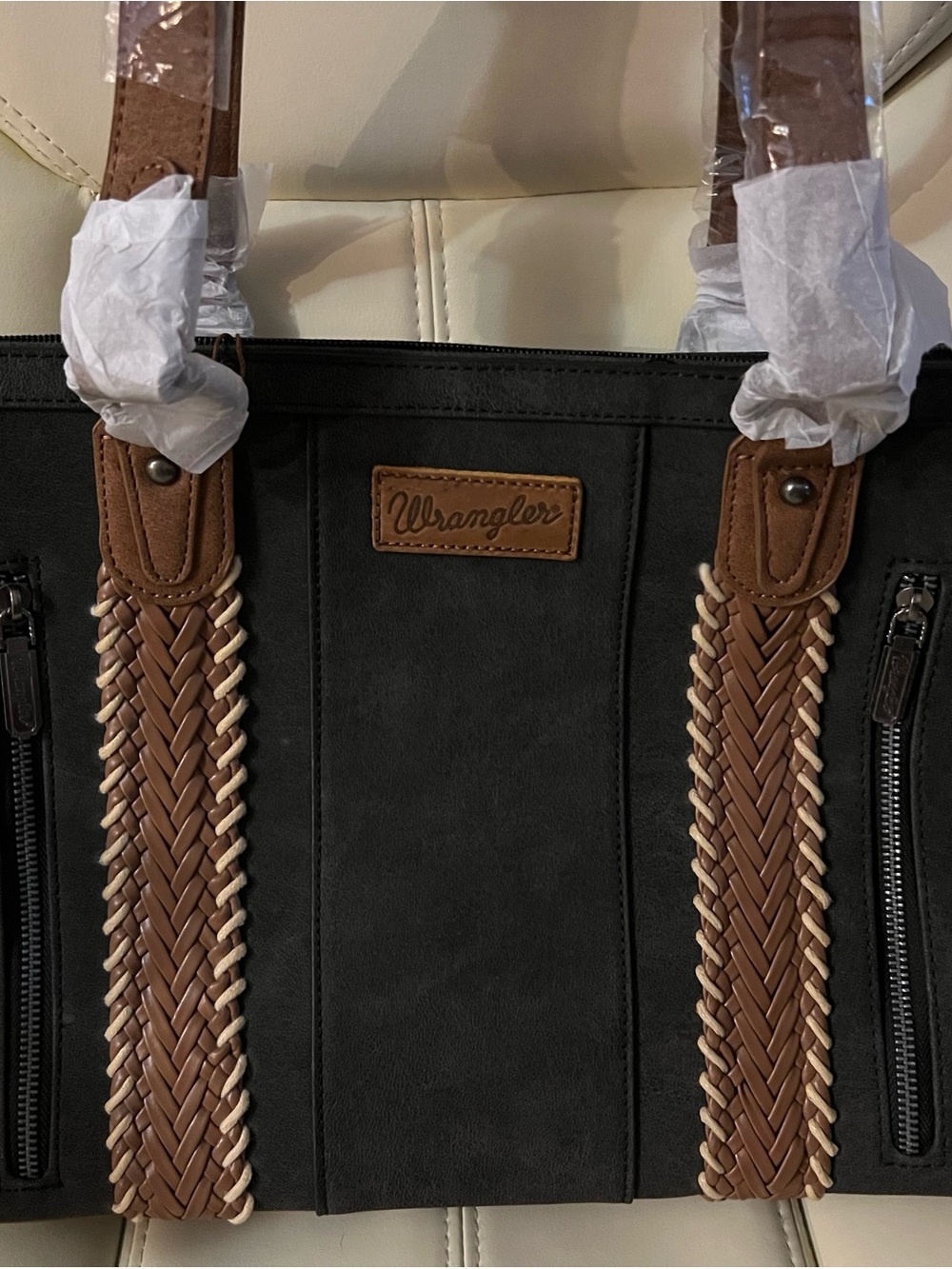 Wrangler Black Tote with Brown Braided Straps
